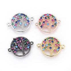 Mixed Color Brass Micro Pave Cubic Zirconia Links, Flat Round with Tree of Life, Colorful, Mixed Color, 14.5~15x19.5~21x2.5mm, Hole: 1.2mm