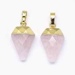 Rose Quartz Natural Rose Quartz Pendants, with Long-Lasting Plated Brass Findings, Faceted, Diamond, Golden, 18x11x5mm, Hole: 3.5x5.5mm
