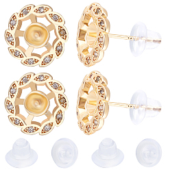 Плоский Круглый 6шт. латунные серьги-гвоздики с микропаве из кубического циркония, с 925 стерлинговым серебром, реальный 14 k позолоченный, за половину пробурено бисера, с 10 пластиковыми ушными гайками, плоско-круглые, 11.5 мм, штифты : 0.8 мм