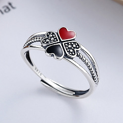 Античное Серебро Клевер 925 регулируемые кольца из стерлингового серебра с эмалью для женщин, античное серебро, 9 мм, внутренний диаметр: регулируемый