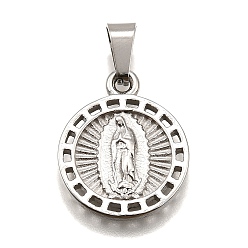Нержавеющая Сталь Цвет 304 подвески из нержавеющей стали, религиозная тема, анти-тускнение, плоские круглые с Девой Марией, цвет нержавеющей стали, 21x17x2 мм, отверстие : 3x7 мм