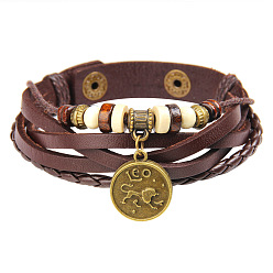 Lion 12 bracelets de constellation, cordon en cuir avec les accessoires en laiton, plat rond, leo, 8-5/8 pouce (22 cm)