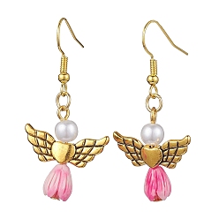 Pearl Pink Angel Antique Golden Alloy & Resin Dangle Earrings, Imitation Pearl Acrylic Drop Earrings, Pearl Pink, 45x21.5mm