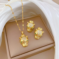 Leopard Латунное ожерелье с подвеской из микрофибры и серьги-гвоздики, колье-цепочка из нержавеющей стали, золотые, леопард, 400 мм