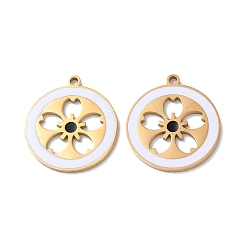 Golden Ion Plating(IP) 304 Stainless Steel Pendants, with Enamel, Flat Round with Sakura Charm, Golden, 22x20x1.5mm, Hole: 1.6mm