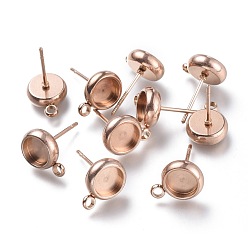 Rose Gold Ion Plating(IP) 304 Stainless Steel Stud Earring Settings, with Loop, Flat Round, Rose Gold, Flat Round: 11x8.3mm, Hole: 1.6mm, Pin: 0.8mm, Tray: 6mm