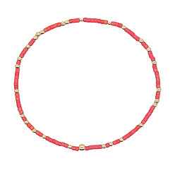 Ярко-Розовый Минималистичные браслеты из стеклянных бусин и латунных бусин для женщин, круглые, золотые, ярко-розовый, 6.89 дюйм (17.5 см)