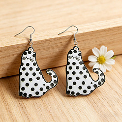 White Iron & Acrylic Dangle Earrings for Women, Cat Shape, Silver, White, 60x35mm