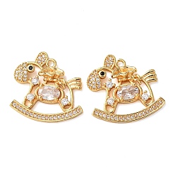 Настоящее золото 18K Латунные микропаве прозрачные подвески с фианитом, Подвески в виде лошади с мешочком денег, реальный 18 k позолоченный, 20x20.5x3 мм, отверстие : 1.5 мм