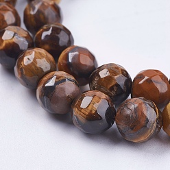 Tiger Eye Natural Tiger Eye Round Bead Strands, Faceted, 8mm, Hole: 1mm, about 48pcs/strand, 14.9 inch