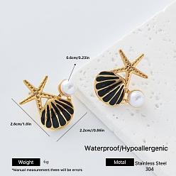 Black Ocean Theme 304 Stainless Steel Enamel Stud Earrings for Women, Starfish & Shell Shape, with Imitation Pearl, Black, 22x26mm