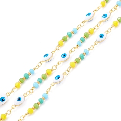Colorful Handmade Brass Enamel Link Chain, with Faceted Round Glass Beads, Long-Lasting Plated, Oval with Evil Eye, Soldered, with Spool, Colorful, 25x3mm, 13x5x4.5mm, about 32.8 Feet(10m)/roll