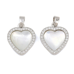 Platinum Brass Micro Pave Clear Cubic Zirconia Pendants, with Shell, Heart Charms, Platinum, 16x14x2.5mm, Hole: 5x3mm