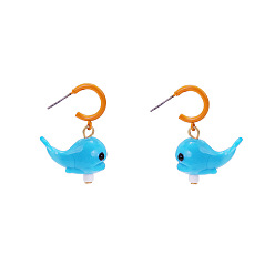 Deep Sky Blue Alloy Lampwork Stud Dangle Earrings for Women, Dolphin, Half Hoop Earrings, Platinum, Deep Sky Blue, 37x26mm