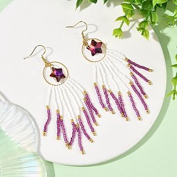 Purple Star Glass Seed Beaded Dangle Tassel Earrings, Brass Ring and 304 Stainless Steel Dangle Earrings for Women, Golden, Purple, 95.5~96.5x20mm