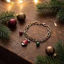 Christmas Bell Christmas 304 Stainless Steel Enamel Charm 2-Strand Bracelets, Golden, Red, Christmas Bell, 6.69 inch(17cm)