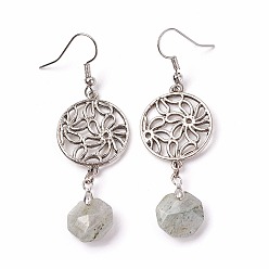 Лабрадорита Натуральный лабрадорита болтаться серьги, с латунными штифтами и подвесками из сплава, плоские круглые с цветком, 62 мм, кулон: 45x20 мм, контактный: 0.6 мм