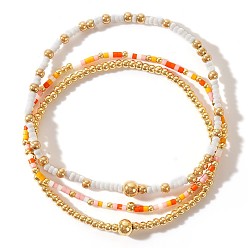 Oro Conjuntos de pulseras elásticas de cuentas redondas de latón y vidrio de Bohemia, 3 Pulseras apilables ajustables de 6.89- hebras, dorado, 17.5 pulgada (3 cm), {1} PC / sistema
