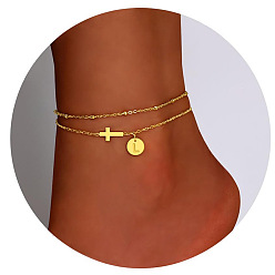 Letter L Браслеты на ногу из латуни с боковыми поперечными связями и плоскими круглыми начальными подвесками, золотые, Письмо L, 7-7/8 дюйм (200 мм)