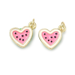 Pink Латунь эмаль подвески, арбузные чары, долговечный, стойки покрытие, без свинца и без кадмия, реальный 18 k позолоченный, розовые, 10.5x15x5 мм, отверстие : 3 мм