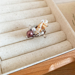 Silver Bohemian Alloy & Shell & Imitation Pearl Cuff Open Rings for Women, Conch Shape, Silver, US Size 4 1/4(15~20mm)