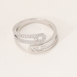 Серебро Латунные кольца-манжеты с микропаве и прозрачным цирконием для женщин, серебряные, внутренний диаметр: 16~18 мм