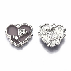 Rosada Marrón Acumular colgantes de esmalte de la aleación de chapado, sin plomo y cadmio, Platino, corazón con rosa, marrón rosado, 20x21x4 mm, agujero: 1.8 mm