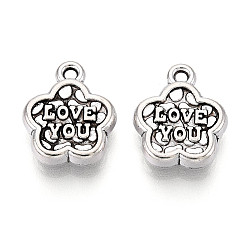 Античное Серебро Подвески из сплава в тибетском стиле, цветок со словом люблю тебя, античное серебро, 14.5x12x3.5 мм, отверстие : 1.4 мм