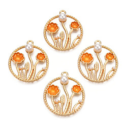 Coral Alloy Enamel Pendants, Cadmium Free & Lead Free, ABS Plastic Imitation Pearl, Flower, Light Gold, Coral, 27x24x6mm, Hole: 1.6mm