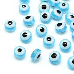 Light Sky Blue Resin Beads, Flat Round, Evil Eye, Light Sky Blue, 7.5~8x5~6mm, Hole: 1.8~2mm