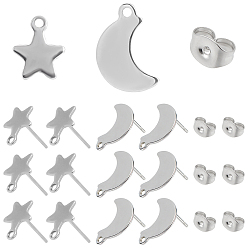 Stainless Steel Color 80Pcs 304 Stainless Steel Moon & Star Stud Earring Findings, with Loop, Ear Nuts, Earring Backs, Stainless Steel Color, 14.5x9.5mm, Hole: 1.4mm, Pin: 0.7mm