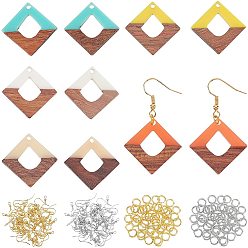 Mixed Color DIY Dangle Rhombus Earring Making Kits, 1 Box 10Pcs Resin & Walnut Wood Pendants, 60Pcs Iron Earring Hooks, 100Pcs Jump Rings, Mixed Color, 27x27x4mm, Hole: 2mm, 5 colors, 2pcs/color, 10pcs