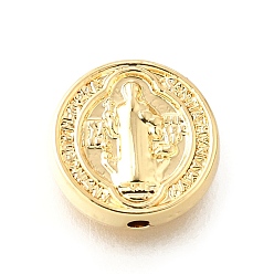 Настоящее золото 18K Латунные бусины, плоский круглый с узором священника, без кадмия и без свинца, реальный 18 k позолоченный, 10x3 мм, отверстие : 1.2 мм