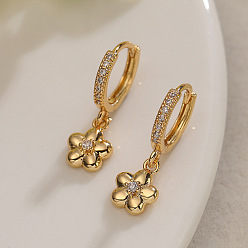 Цветок Серьги-кольца из латуни с прозрачными кубическими циркониями, золотые, цветок, 25x10 мм