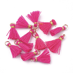 Deep Pink Polycotton(Polyester Cotton) Tassel Pendant Decorations, Mini Tassel, with Iron Findings and Metallic Cord, Light Gold, Deep Pink, 10~15x2~3mm, Hole: 1.5mm