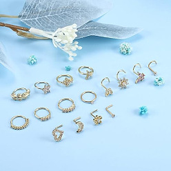 Золотой 16 шт. 16 стили 316l хирургические гвоздики и кольца для носа из нержавеющей стали со стразами, лист цветок бабочка, золотые, 7~8 мм, штифты : 0.8 мм, 1 шт / стиль