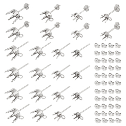 Нержавеющая Сталь Цвет 80 шт. 4 стиль 304 плоские круглые серьги-гвоздики из нержавеющей стали, оправы для сережек со стразами, с горизонтальными петлями и ушными гайками 80шт., цвет нержавеющей стали, 8~10x5~8.5 мм, отверстие : 1.8 мм, штифты : 0.8 мм, пригодный для стразов 5~9 мм, 20 шт / стиль