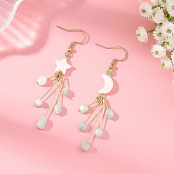 Golden 304 Stainless Steel Glass Dangle & Drop Earrings, Star Moon, with Natural Freshwater Shell Beads, Asymmetrical Earrings, Golden, 70x11~11.5mm