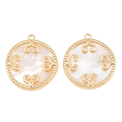 Real 18K Gold Plated Brass & Natural Shell Pendants, Flat Round with Heart Motif Charm, Real 18K Gold Plated, 23.5x21.5x3mm, Hole: 1.4mm