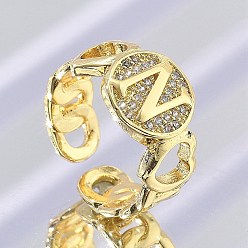Letter N Открытые манжеты из латуни с микропаве и прозрачным цирконием для женщин, буквы, стойки покрытие, долговечный, без кадмия и без свинца, реальный 18 k позолоченный, Письмо N, 11.5 мм