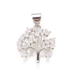 Платинированный Латунные микро проложить кубического циркония подвески, долговечный, без свинца, без кадмии и без никеля, древо жизни, прозрачные, Реальная платина, 16.5x15.5x3 мм, отверстие : 4x3.5 мм
