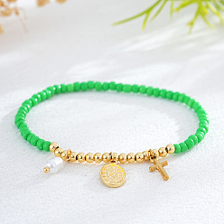 Зеленый Регулируемые 304 из нержавеющей стали браслеты шарма, Браслеты из стеклянного бисера и латуни на эластичной основе для женщин, Крест и плоский круглый, с имитацией жемчуга, зелёные, 6.89 дюйм (17.5 см)