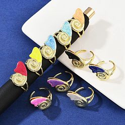 Shell Shape Латунные эмалевые регулируемые манжеты для женщин, реальный 18 k позолоченный, без кадмия, без никеля и без свинца, разноцветные, формы раковины, форма оболочки: 24.5x16.5 мм, внутренний диаметр: регулируемый