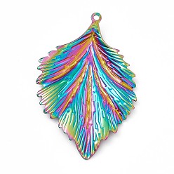 Rainbow Color Ионное покрытие (ip) 304 большие подвески из нержавеющей стали, очарование листа, Радуга цветов, 62x40x4 мм, отверстие : 2 мм
