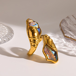 Golden 304 Stainless Steel & Natural Paua Shell Cuff Open Rings, Fish, Golden, Inner Diameter: 15~20mm