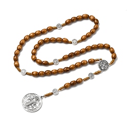 Human Ожерелья из деревянных четок, ожерелья из религиозного сплава с подвесками, античное серебро, верблюжие, святой Бенедикт медаль, 27.56 дюйм (70 см)