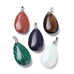 Синтетический Камень Синтетический драгоценный камень подвески, с латунной найти, слеза, 35x20x7.5~9 мм, отверстие : 4x3.5 мм