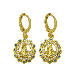 Oval Brass Micro Pave Cubic Zirconia Leverback Dangle Earrings, Golden, Oval with Saint Jude, 30mm