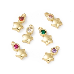 Mixed Color Brass Micro Pave Cubic Zirconia Pendants, Real 18K Gold Plated, Star, Mixed Color, 10x5.5x2mm, Hole: 0.8mm