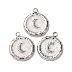 Нержавеющая Сталь Цвет 304 нержавеющей стальной эмали подвески, плоская круглая с лунным шармом, цвет нержавеющей стали, 17.5x15x2.5 мм, отверстие : 2 мм